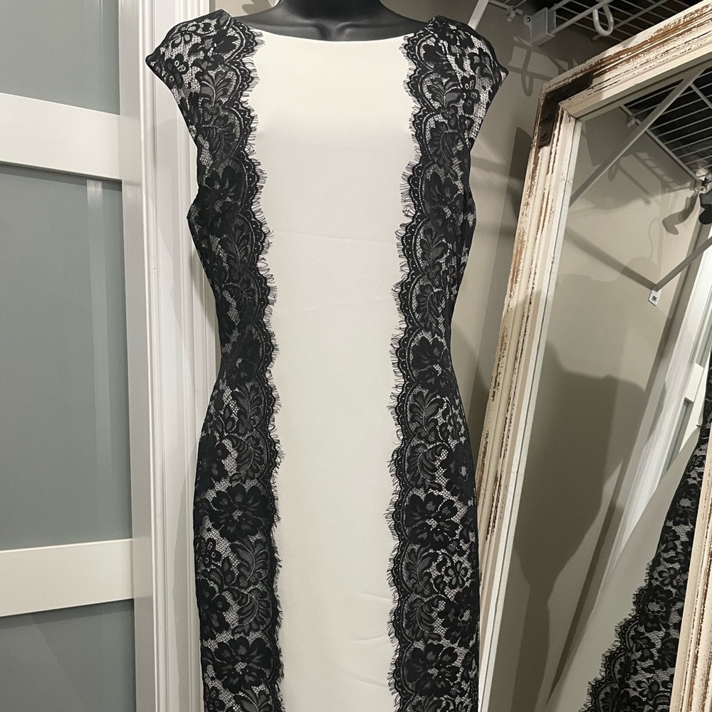 White House Black Market, white dress with black lace detail, size 12